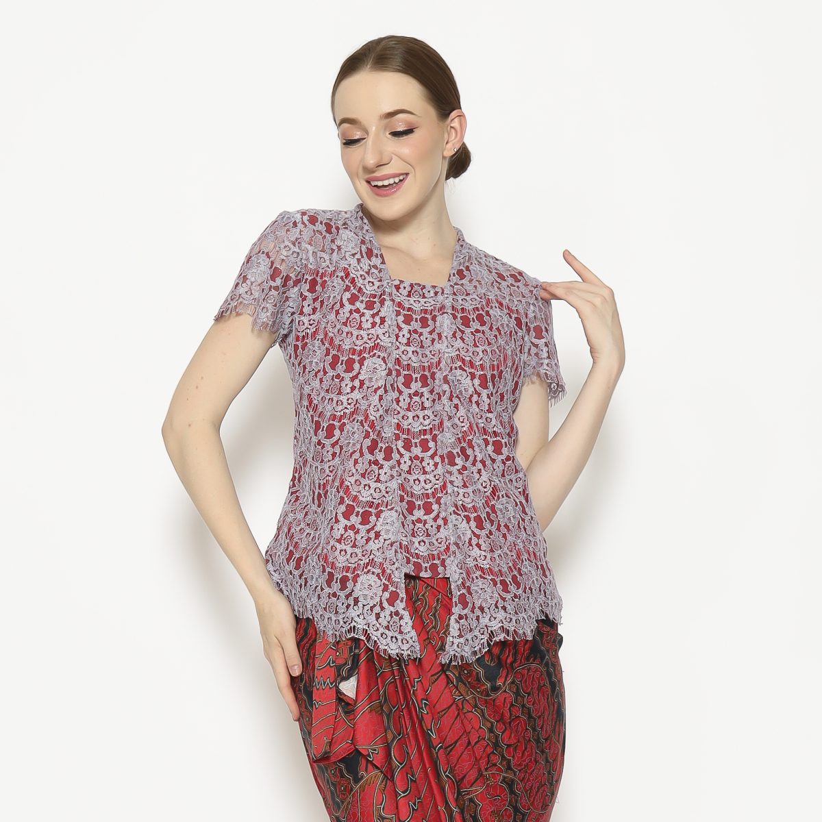 Kebaya Lace Red Grey - Image 3