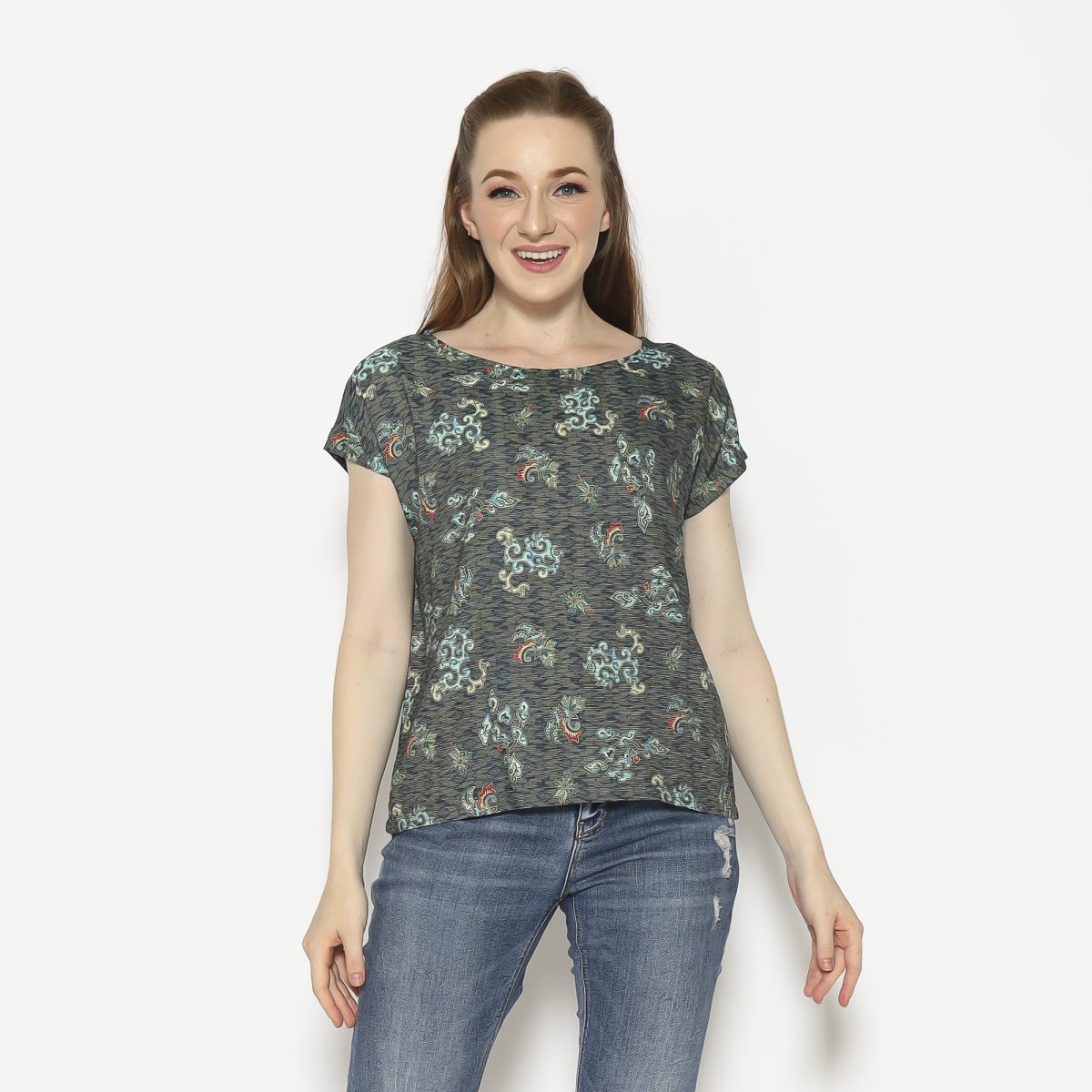 Crop Tee Blouse Navy Green