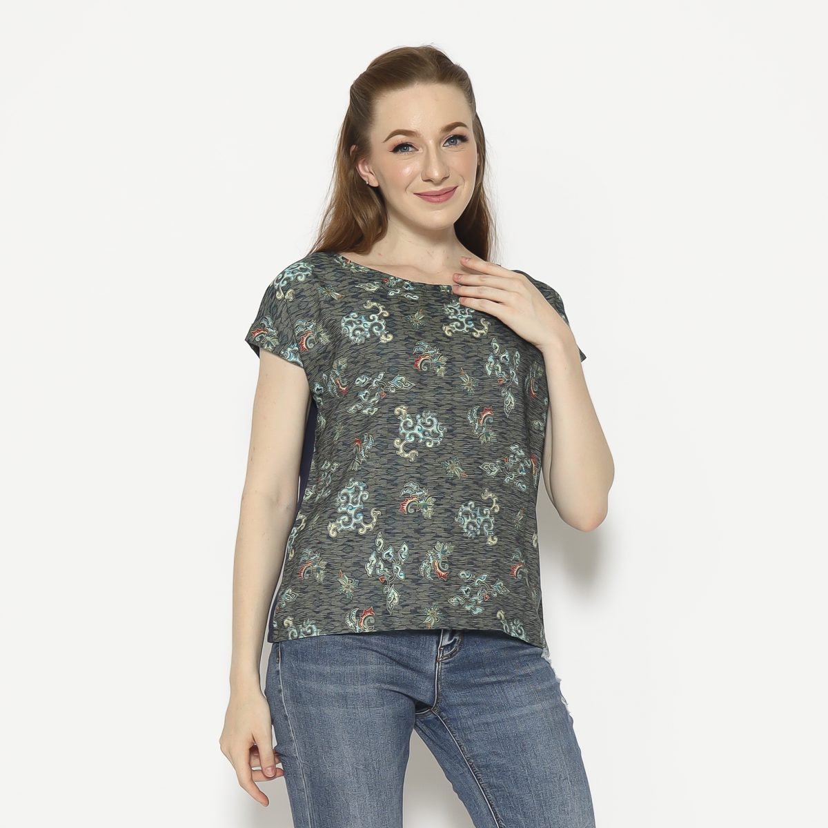 Crop Tee Blouse Navy Green - Image 4
